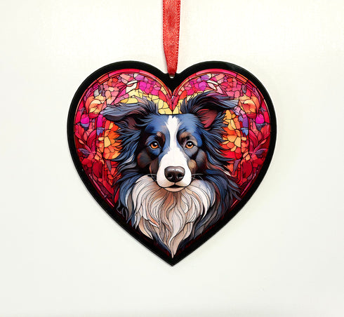Border Collie Longhaired Stained Glass Effect Heart Suncatcher
